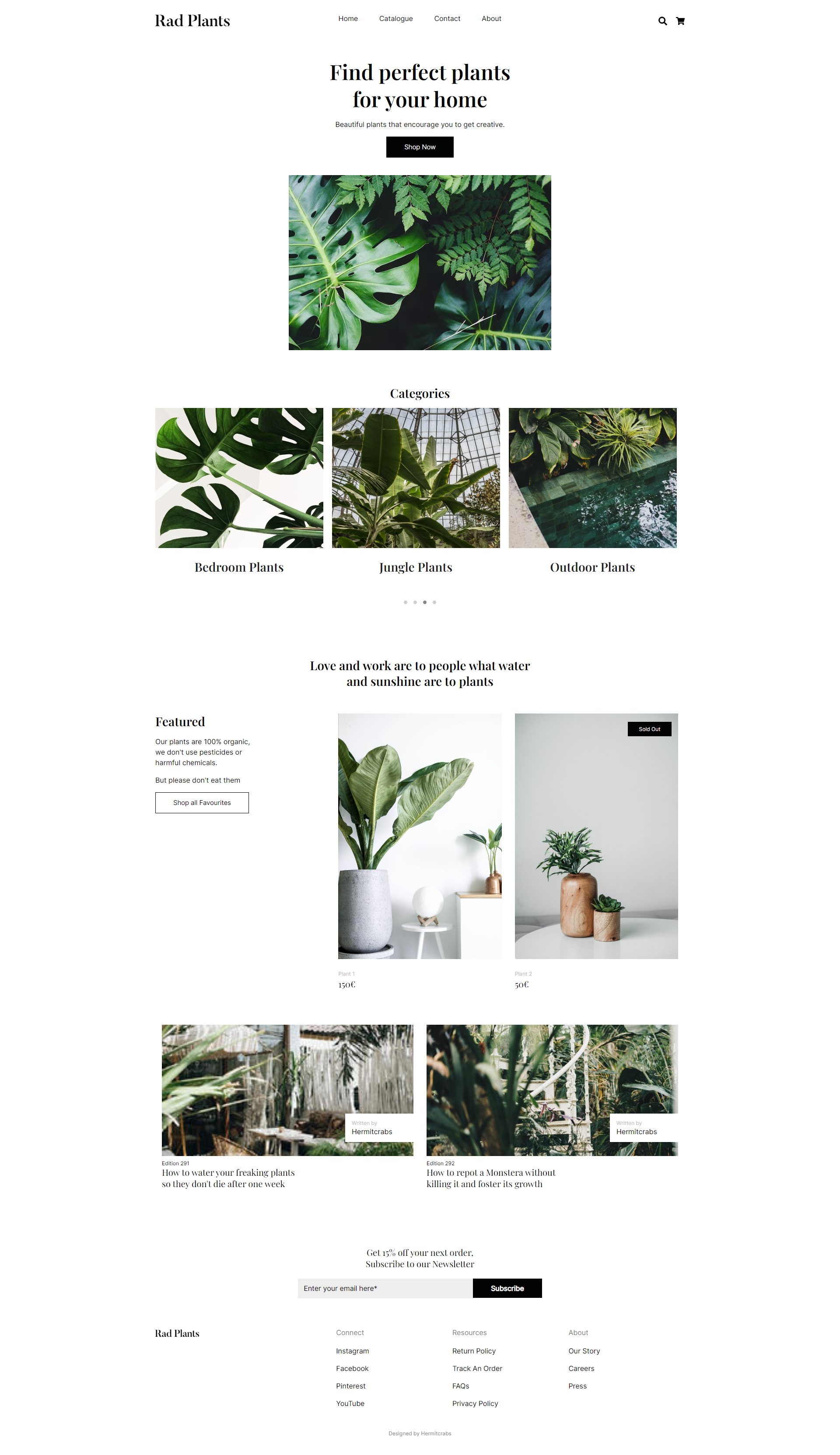 This is home page having banner with button, categories with slider and featured section.