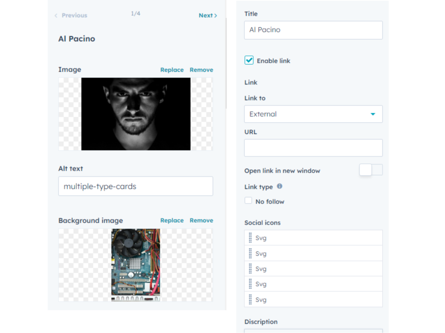 Card Items Repeater Fields
